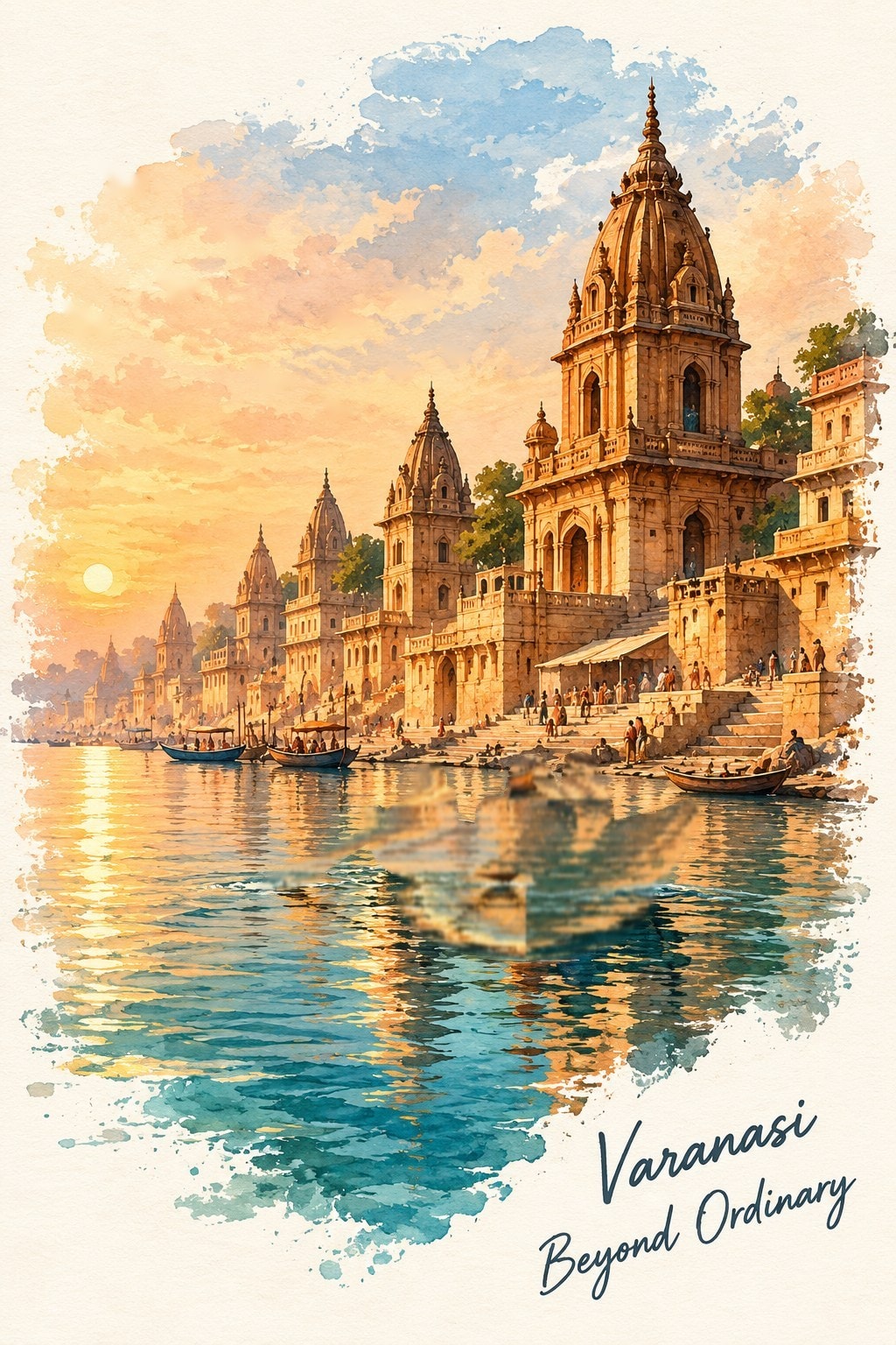 Watercolor of the Varanasi ghats at sunrise, a boat on the Ganga — Varanasi, beyond ordinary